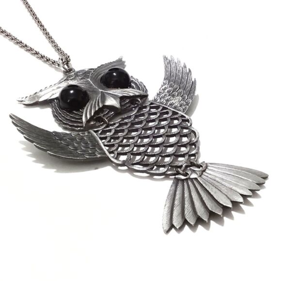 Large Open Wing Pewter Articulated Owl Vintage Pendant Necklace * - Picture 4 of 7